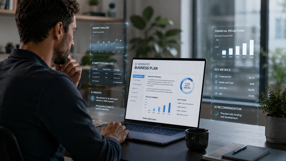 Empreendedor a usar inteligência artificial no computador para criar um plano de negócios