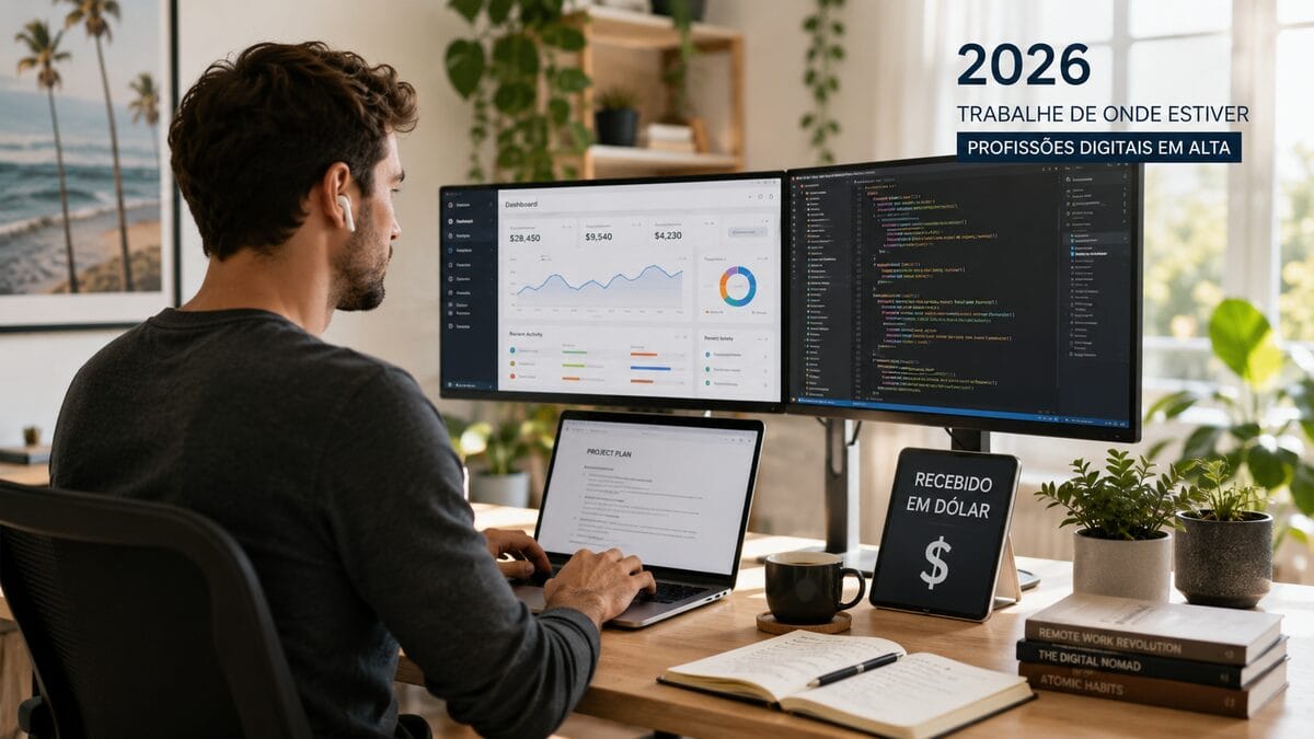 Profissional remoto a trabalhar com portátil e a receber em dólar em 2026