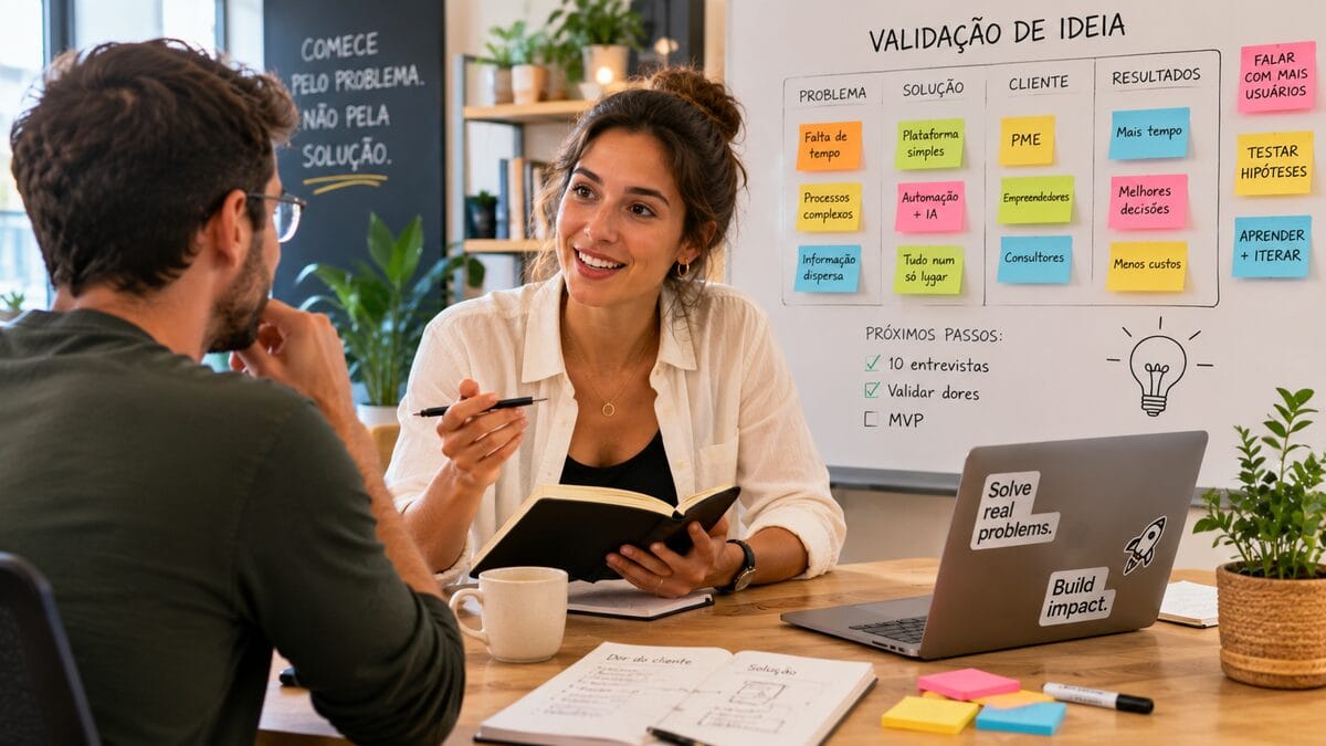 Empreendedora a validar ideia de negócio com clientes e notas num quadro
