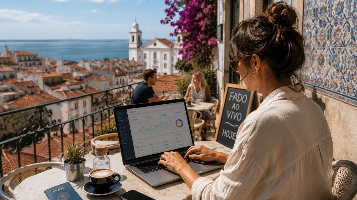 Nómada digital a trabalhar com portátil junto ao mar em Portugal com passaporte e visto D8