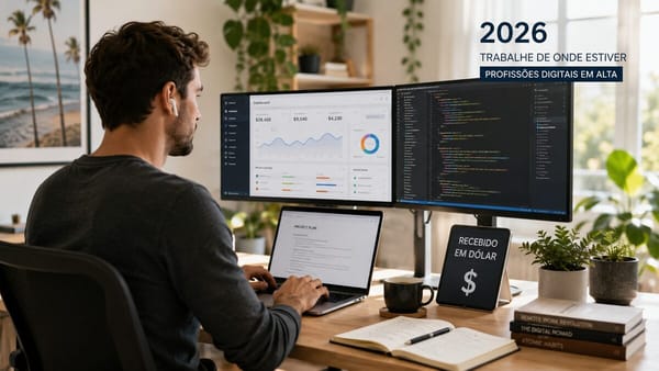 Profissional remoto a trabalhar com portátil e a receber em dólar em 2026